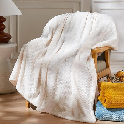 NEWCOSPLAY Super Soft Queen Blanket Ivory Premium Silky Flannel Fleece Leaves Pattern Lightweight Bed Blanket All Season Use (Ivory, Queen(90"x90"))