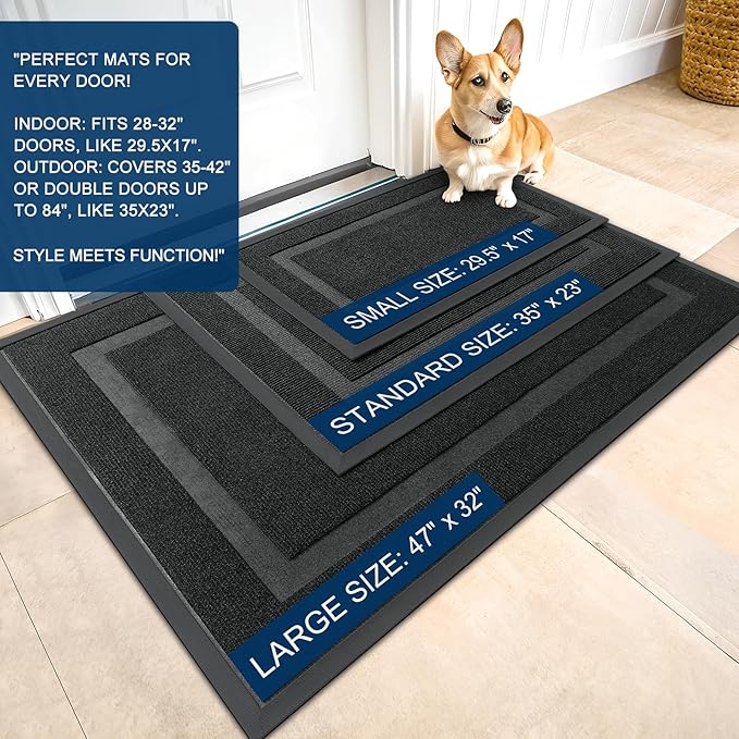 OLANLY Front Door Mat Indoor Outdoor Entrance, Waterproof All-Season, All-Weather Doormat, Sturdy Natural Rubber, Fade Resistant, Low Profile, Easy Clean Patio Porch Entryway Mat, 47x32, Black