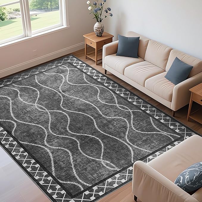 5x7 Area Rugs for Living Room, Machine Washable Rugs, Non-Slip Low Pile Indoor Floor Rugs, Large Modern Carpet for Bedroom Entryway Classroom Playroom Dining Room Home Decor, Dark Grey