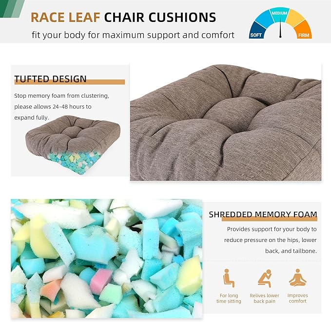 RACE LEAF 19" x 19" Patio Chair Cushions Brown - Outdoor/Indoor Tufted Memory Foam Chair Pads Set of 2, Water-Resistant Olefin Chair Seat Cushion Non-Slip Backing