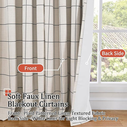 Plaid Curtains Pattern Printed 90 Inches Long - Total Linen Blackout Curtains for Living Room, Boho Grommet Drapes for Farmhouse Thermal Drapery 52x90 Inch 2 Panels, Dark Grey