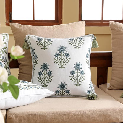 ISAENNE Design Fresh Linen Square Throw Pillow Covers 18"x18" Pack of 2, French White Cottage Cushion Covers with Blue Floral Branches Pattern Decor Pillowcases for Bed,Living Room,Outdoor,Car