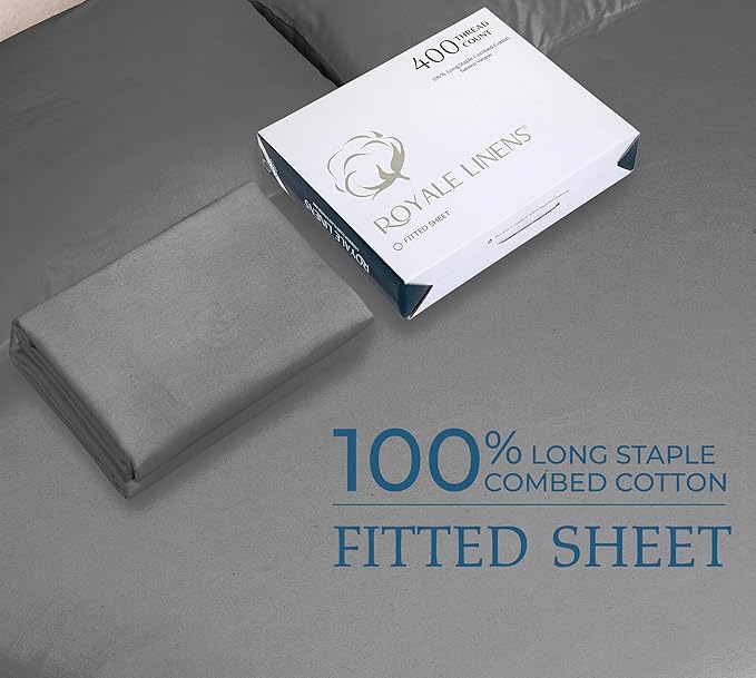 Royale Linens 400 Thread Count 100% American Grown Cotton Fitted Sheet Full Size - All Around Elastic Fitted Sheets - Luxury Sateen Weave - Snug Fit Bottom Sheet Fit Up to 16 Inch (Full,Spanish Slate)