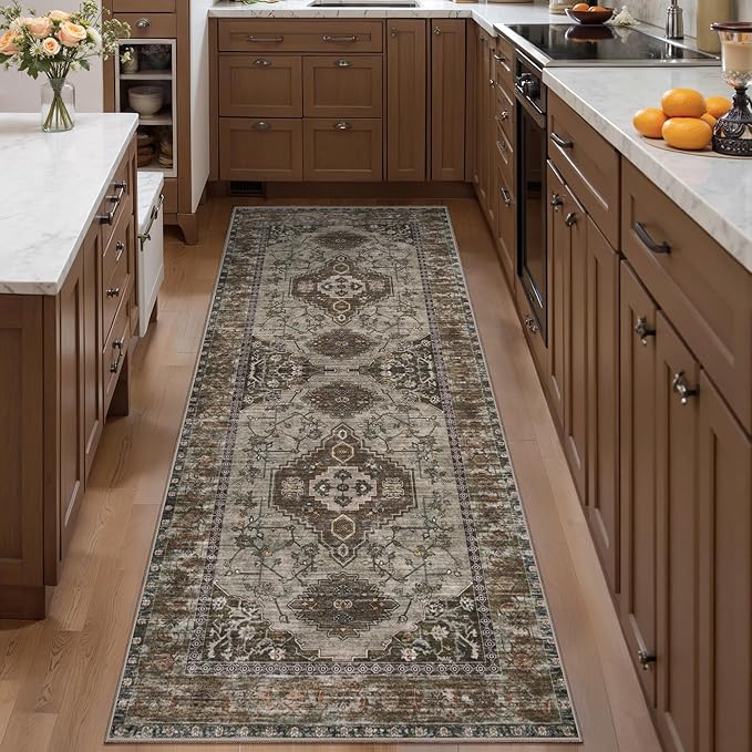 Tangsoo 2x5 Washable Runner Rug for Hallways, Non Slip Vintage Runner Rug, Soft Low Pile Long Rug Runner, Print Distressed Carpet Runners for Kitchen Bedroom Entryway Bathroom Living Room Grey