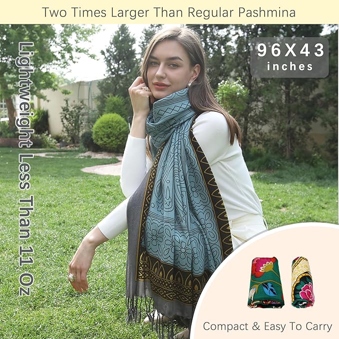DANA XU 100% Merino Wool Extra Large Pashmina Blanket Travel Scarf Cashmere Wrap for Women Fall Winter Oversize Shawl Floral