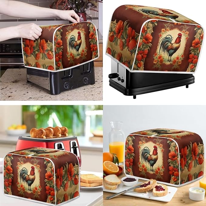Vintage Chicken Rooster Flower Pattern Appliance Covers Set Washable Kitchen Blender Dust Cover Bread Maker Toaster Cover 4 Slice Kitchen Accessories Size L