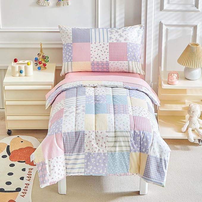 Joyreap 4 Piece Cotton Toddler Bedding Set- Colorful Flowers Patchwork Design, Toddler Comforter Set for Girls, Includes Quilted Comforter, Fitted Sheet, Top Sheet, and Pillow Case