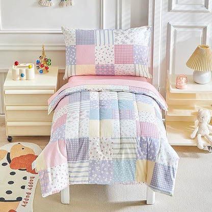 Joyreap 4 Piece Cotton Toddler Bedding Set- Colorful Flowers Patchwork Design, Toddler Comforter Set for Girls, Includes Quilted Comforter, Fitted Sheet, Top Sheet, and Pillow Case