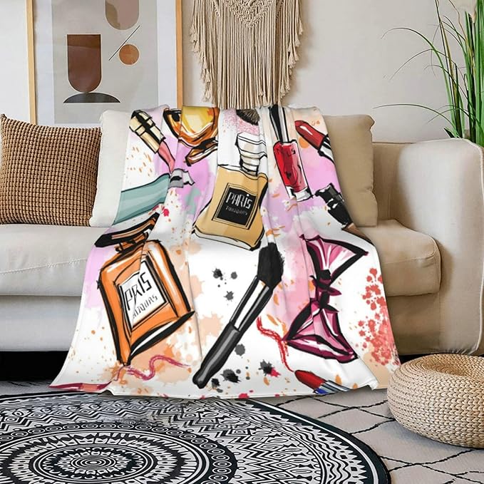 HGOD DESIGNS Women Cosmetics Perfume Lipstick Series Fleece Bed Blanket Throw Blanket Lightweight Cozy Plush Blanket for Bedroom Living Rooms Sofa Couch 50"x60"