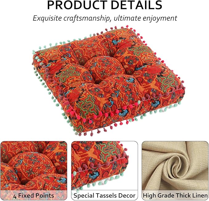 Bohemian Seat Cushion，Indoor & Outdoor 16.5" x 16.5" Seating Cushion for Dinning Chairs, Decorative with Tassels(2Pcs, Orange)