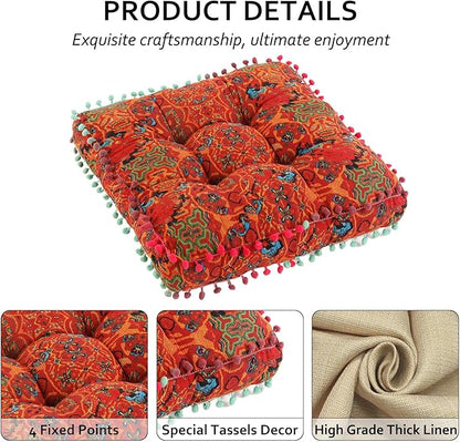 Bohemian Seat Cushion，Indoor & Outdoor 16.5" x 16.5" Seating Cushion for Dinning Chairs, Decorative with Tassels(4Pcs, Orange)