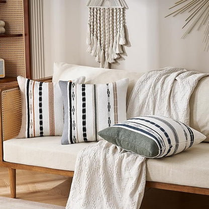 Boho Chenille Throw Pillow Covers 18x18 Inch Square Farmhouse Decorative Pillow Covers Set of 2, Beige Striped White Couch Protectors Soft Pillowcase Covers with Zipper for Sofa Bed