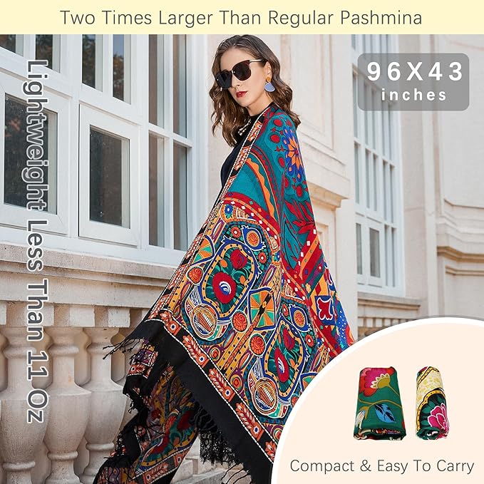 DANA XU 100% Merino Wool Extra Large Pashmina Blanket Travel Scarf Cashmere Wrap for Women Fall Winter Oversize Shawl Floral