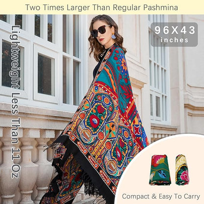 DANA XU 100% Merino Wool Extra Large Pashmina Blanket Travel Scarf Cashmere Wrap for Women Fall Winter Oversize Shawl Floral