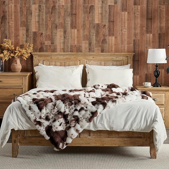 Lotus Karen Faux Fur Throw Blanket Cow Print-Dark Brown, Fluffy Fuzzy Plush Bubble Blanket for Couch, 108x90 Inches Cozy Shaggy Rabbit Blanket, Luxury Decorative Gifts for Sofa Bedroom Living Room.