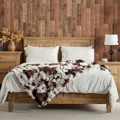 Lotus Karen Faux Fur Throw Blanket Cow Print-Dark Brown, Fluffy Fuzzy Plush Bubble Blanket for Couch, 108x90 Inches Cozy Shaggy Rabbit Blanket, Luxury Decorative Gifts for Sofa Bedroom Living Room.