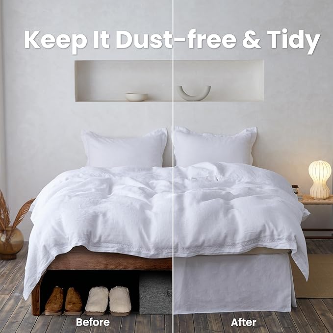 BISELINA French Linen Wrap Around Bed Skirt with Pleated Corner 14-Inch Tailored Drop Natural Flax Cotton Blend Basic Soft Cozy (14" Queen, White)