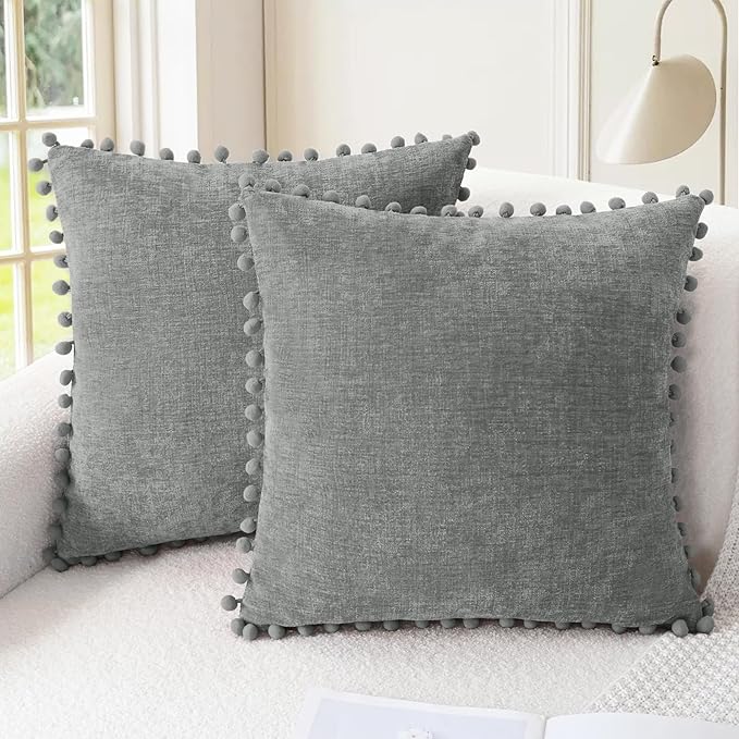 CaliTime Throw Pillow Covers Decorative 18 X 18 Inches Pack of 2 Cozy Solid Dyed Soft Chenille Cushion Cases with Pom Poms for Couch Sofa Bed Living Room Home Medium Grey