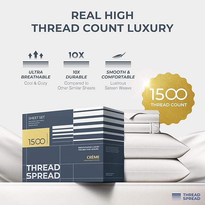 THREAD SPREAD 100% Egyptian Cotton Sheets Queen Size Bed Set - 4 PC 1500 Luxury High Thread Count Light Grey Egyptian Cotton Queen Bed Sheets, Soft, Cooling, Sateen Weave, 17" Deep Pocket Bedsheet