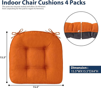 Chair Cushions for Dining Chairs, Seat Cushions for Kitchen Chairs, Indoor Seat Cushions with Ties, Tufted Foam Chair Pads, Non Slip Chair Cushions Set of 6, 15.5" x 15.5" x 4", Orange