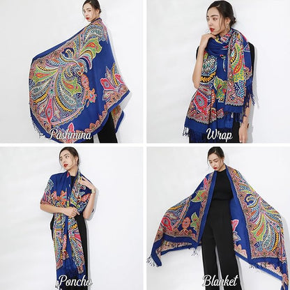 DANA XU 100% Merino Wool Pashmina Shawl for Women 96"x43", Oversized Cashmere Wrap with Tassels, Floral Travel Blanket Cape