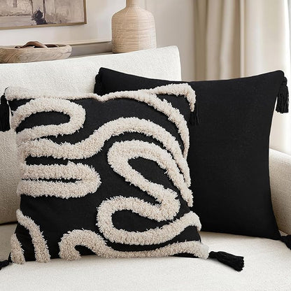 Adabana Black and Beige Pillow Covers Decorative Tufted Abstract Throw Pillows Cover Modern Farmhouse Home Decor for Couch Living Room Safa Bed,18X18 Inch