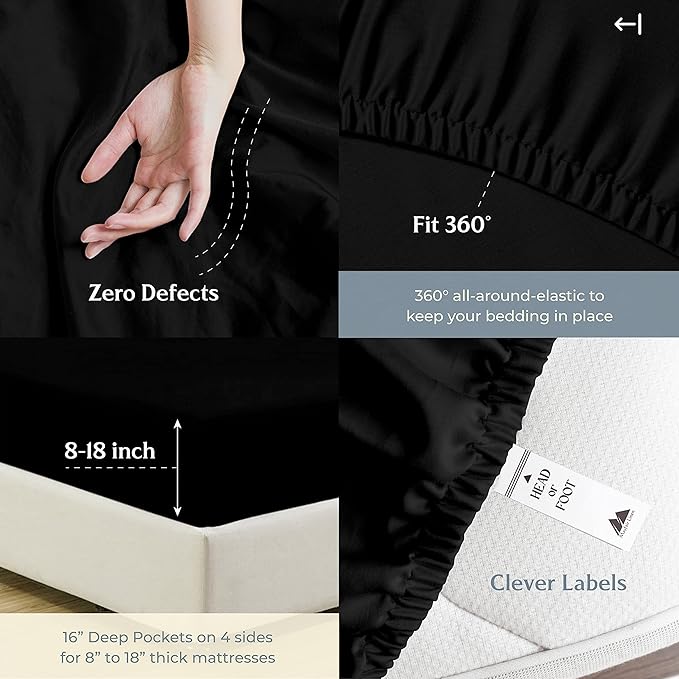 Mayfair Linen 500 Thread Count Full Cotton Sheets - 4 PC Full Size Bed Sheet Set Cotton (Black), Soft, Cooling, Sateen Hotel-Quality 16" Deep Pocket Bedsheet for Hot Sleepers (Fits 18" Mattress)