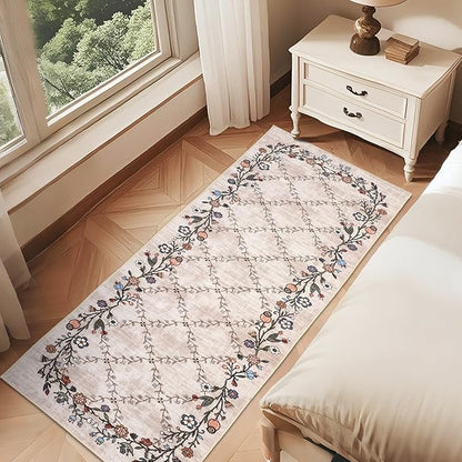 GarveeHome 2x6 Washable Floral Runner Rugs for Hallway: Modern Floral Non Slip Large Runner Rugs for Kitchen, Large Machine Washable Hallways Low Pile Carpet with Non-Slip Backing Beige 2 ft x6 ft.