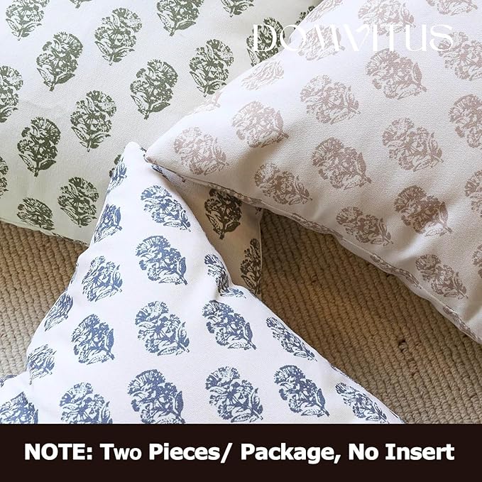 DOMVITUS Set of 2 Floral Pillow Covers 24x24, Block Print Pillow Covers Vintage Neutral Decorative Farmhouse Throw Pillow Covers for Couch Bed Living Room Dusty Blue