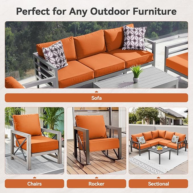 Luxury 6" Outdoor Cushions for Patio Furniture, 24x24x6" Thick Seat Cushion Set of 9, Fade Resistant Couch Chair Replacement Cushions High Density Deep Wicker Chair Cushion w/ Removable Cover, Orange