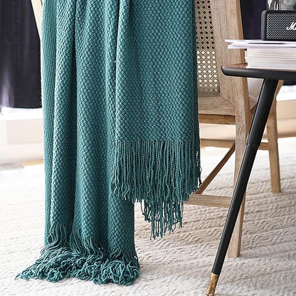 LOMAO Knitted Throw Blanket with Tassels Bubble Textured Soft Blanket Lightweight Warm Throw Blanket for Couch Cover Home Decor (Teal, 50x60)