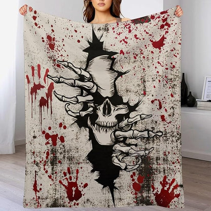 Horror Skull Throw Blanket, Halloween Day of The Dead Vintage Gothic Scary Blood Hand Soft Warm Fleece Blanket for Bed Couch Living Room All Season, 60"x80"