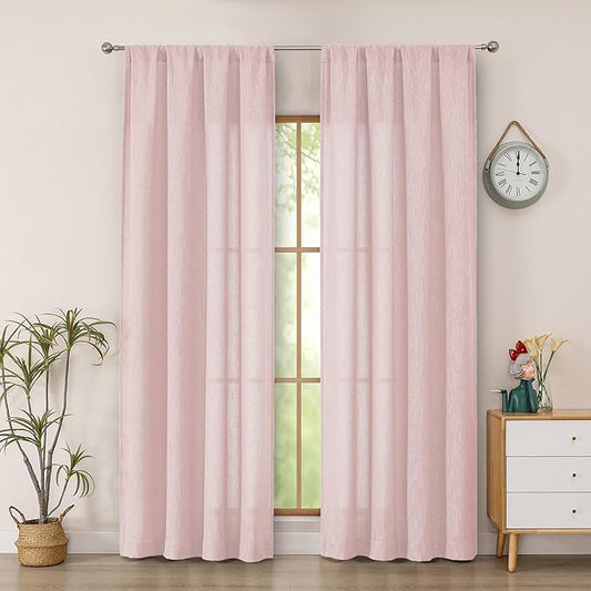 Simplebrand Blush Faux Linen Textured Semi Sheer Curtains 72 Inches Long 2 Panels Set, Light Filtering Privacy Farmhouse Curtains, Soft Window Drapes Rod Pocket Top for French Door, Bedroom, 40W x 72L