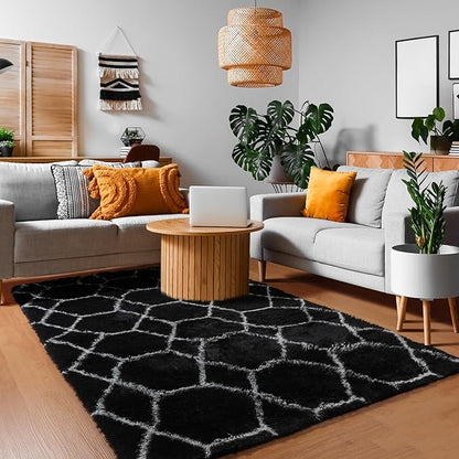 ONASAR Area Rugs for Bedroom Living Room, Fluffy 4x6 Black and White Rug, Geometric Washable Shaggy Plush Bedside Indoor Floor Carpet for Nursery Kids Teens Girls Boys Dorm Home Office Decor