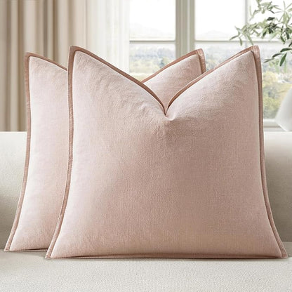 EMEMA Throw Pillow Covers Decorative Linen Pillow Covers 22x22 Inch Pink Boho Farmhouse Neutral Couch Throw Pillows for Bed Pack of 2 Accent Pillowcase Modern Sofa Cushion Livingroom Home