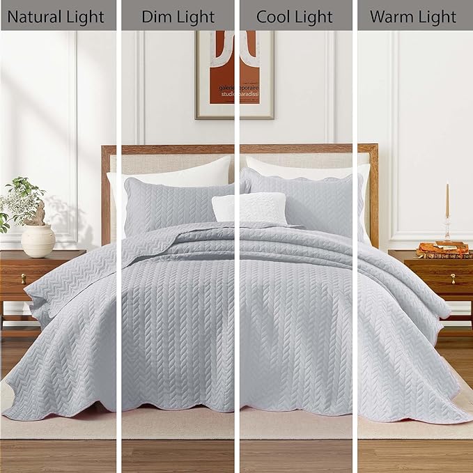 IR Imperial Rooms Queen Quilt Bedding Set Size (90" x 96") + 2 Pillow Shams (20" x 26"+ 2") - 3 Pcs All Season Lightweight Reversible Microfiber Coverlet Embossed Quilt Bedspread (Silver)
