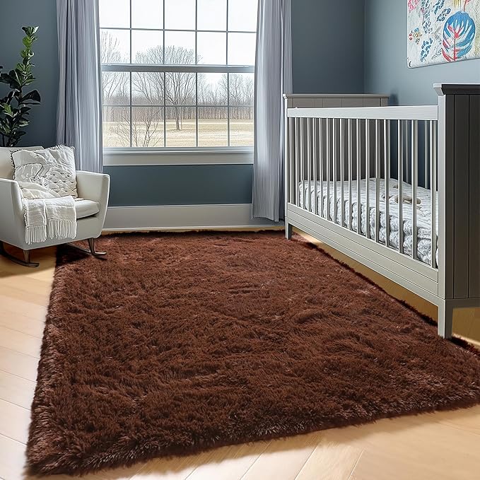 ONASAR Brown 6x9 Area Rugs for Living Room Bedroom, Washable Large Fluffy Bedside Throw Rug, Soft Plush Shaggy Fuzzy Floor Carpet for Nursery Kids Girls Boys Teen Dorm Home Office Decor Aesthetic