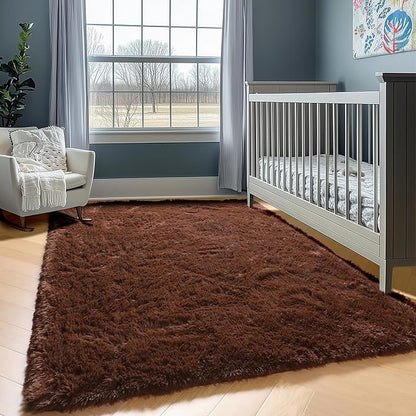 ONASAR Brown Area Rugs for Bedroom Living Room, Washable Fluffy 4x6 Indoor Bedside Floor Throw Rug, Soft Plush Shaggy Carpet for Nursery Kids Girls Boys Teen Dorm Home Office Decor Aesthetic