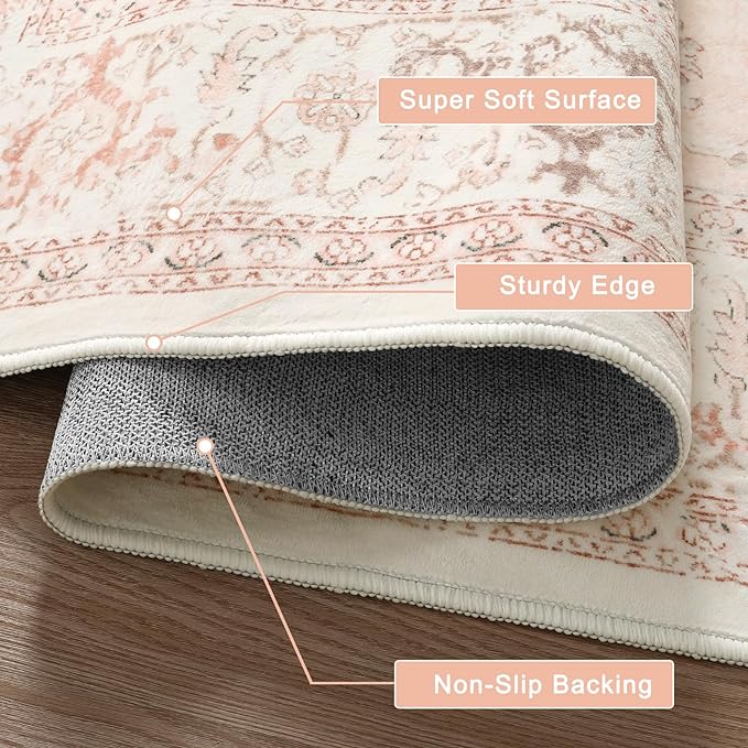 LIVEBOX Washable Peachy Pink Rug 5ft - Medallion Vintage Circle Rugs for Bedroom, Low-Pile Tribal Print Carpet for Nursery, Non-Slid Distress Floral Circular Rug for Living Room Kid's Room Entryway