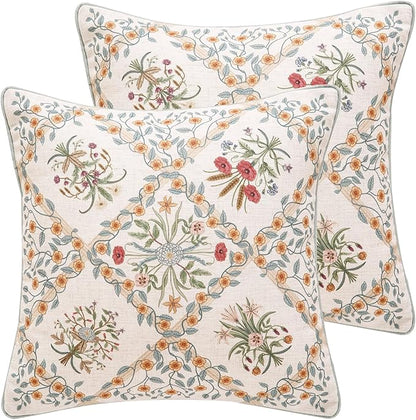 ISAENNE Design Linen Throw Pillow Covers 18"x18" Pack of 2, Square Farmhouse Cushion Covers with Red Pink Yellow Watercolor Wildflower Pattern Decor Pillowcases for Bed,Living Room,Outdoor,Car