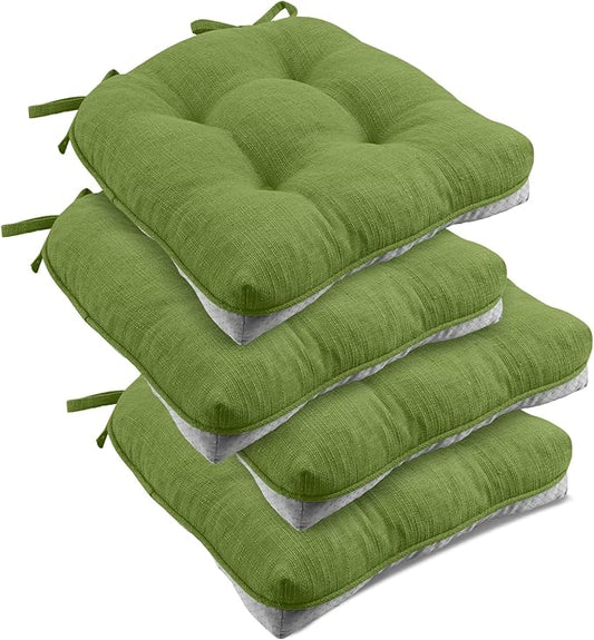 downluxe Indoor Chair Cushions for Dining Chairs, Tufted Overstuffed Textured Foam Kitchen Chair Pads with Ties and Non-Slip Backing, 15.5" x 15.5" x 4", Grass Green, 4 Pack