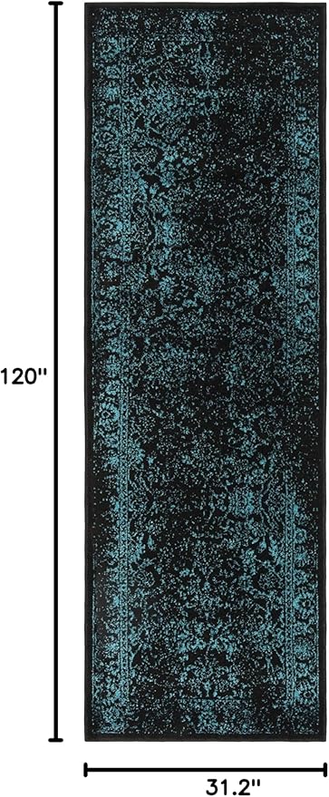 SAFAVIEH Adirondack Collection Runner Rug - 2'6" x 10', Black & Teal, Distressed Vintage Floral Design, Non-Shedding & Easy to Clean, Ideal for Hallway, Foyer, Entryway, Bedroom (ADR109K)