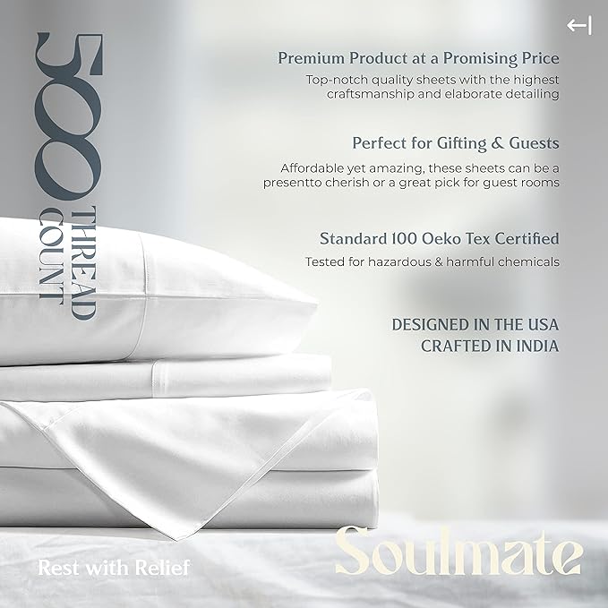 Mayfair Linen 100% Cotton Sheets King Size Bed Set - 500 Thread Count Sheets King Size 4 PC Set (White), Soft, Cooling, Hotel-Quality 16" Deep Pocket Cotton Bedsheet for Hot Sleepers