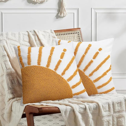 Adabana Boho Decorative Yellow Throw Pillow Covers 18x18, Tufted Sun Pillow Cover with Tassels Bohemian for Sofa Bedroom Living Room Home Decor (No Pillow Insert, 1Pc)