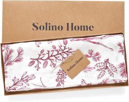Solino Home 100% Pure Linen Christmas Table Runner 156 Inches Long - Red/White Table Runner 14 x 156 Inch - Handcrafted and Machine Washable - Winter Forest Print