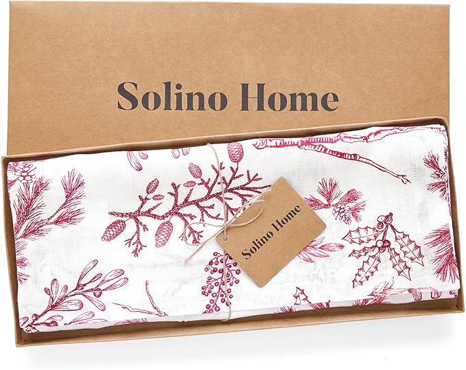 Solino Home 100% Pure Linen Christmas Table Runner 144 Inches Long - Red/White Table Runner 14 x 144 Inch - Handcrafted and Machine Washable - Winter Forest Print