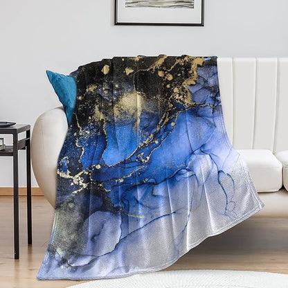 Modern Marble Blanket, Abstract Luxury Baroque Golden Dark Blue Stone Veins Pattern Soft Warm Cozy Plush Flannel Covers for Livingroom Bedroom Couch Chair Camping Travel Home Decor Tapestry 60x80in