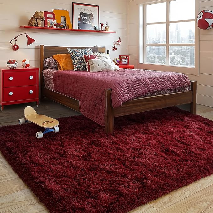 Burgundy Plush Rug for Living Room Fuzzy Carpet for Bedroom Dorm, Non-Slip High Pile Rug, Shag Rug for Playroom Nursery Home Office Decor 5X7 Ft