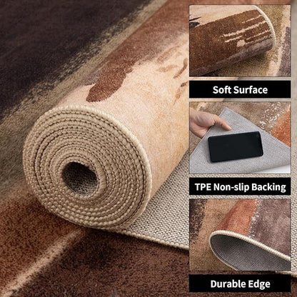 Ciicool Abstract Area Rug Indoor, 4x6 Washable Entryway Rug, Modern Soft Throw Entry Rug with Non-Slip Backing for Bedroom Living Room Entrance Kitchen, Low-Pile Floor Carpet Doormat Brown Black