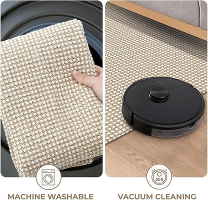 KOZYFLY Runners for Hallways 3x10 ft Washable Kitchen Runner Non Slip Rubber Backed Hallway Rugs Cotton Entryway Runner Rug Floor Carpet for Indoor Hall, Backdoor, Kitchen, Ivory/Khaki